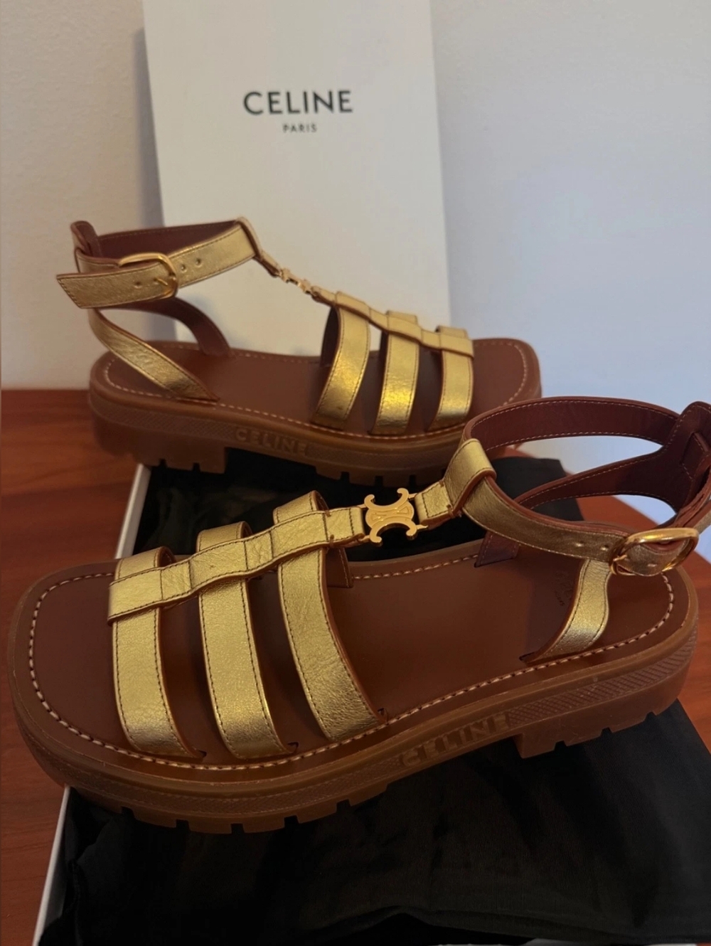 Celine Clea Laminated Gold Calfskin Triomphe Gladiator Chunky Sandals